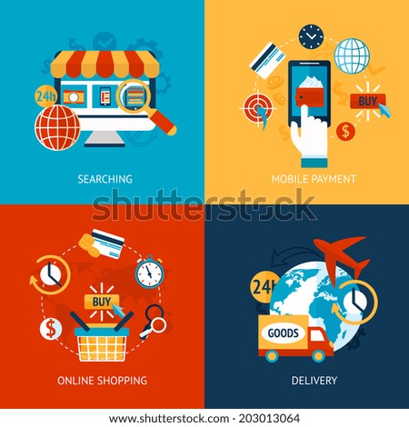 Business concept flat icons set of online shopping internet purchase and delivery infographic design elements vector illustration