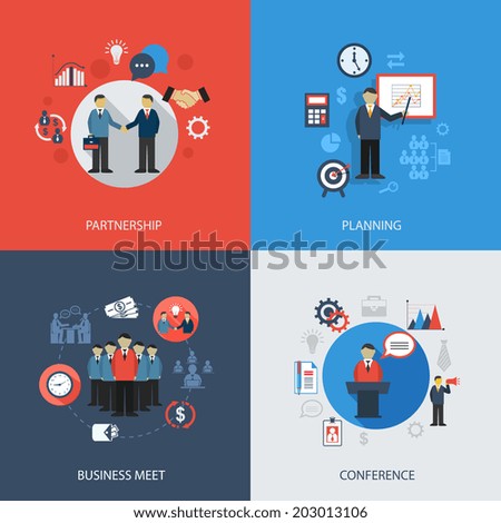Business concept flat icons set of meeting partnership planning conference infographic design elements vector illustration