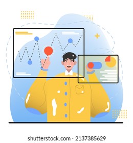 Business Concept Flat illustration. Men taking part in business activities. Modern trendy concepts for web sites and mobile web sites. Character developer do the economy analytics for presentation.