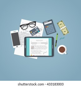 Business concept flat illustration. Tablet and business staff, phone papers and report documets with chart and financial graph information 
