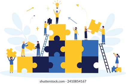 Business concept. Flat illustration. Team metaphor. People hold a large light bulb symbolizing a creative idea. People connect puzzle elements. Teamwork, collaboration, partnership.