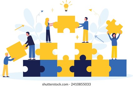 Business concept. Flat illustration. Team metaphor. People hold a large light bulb symbolizing a creative idea. People connect puzzle elements. Teamwork, collaboration, partnership.