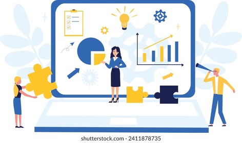 Business concept. Flat illustration. Teamwork, collaboration, partnership. Businessmen working together and moving towards success. Office workers studying infographics, evolutionary scale analysis.