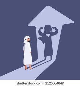 Business concept flat isolated of Arab businessman standing in front of his own muscular shadow showing his super inner strength or superhero. Self confidence. Future goal. Design vector illustration