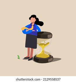 Business concept flat relax businesswoman lean on huge giant hourglass. Effective time management, successfully task organizing, financial investment. Deadline, timeliness. Design vector illustration