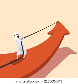 Business concept flat style Arab businessman pulling big red arrow with rope and making it raise up. Marketing and finance. Symbol arrow of success. Leadership, achievement. Design vector illustration
