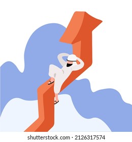 Concepto de negocios de estilo plano Empresario árabe en el gráfico de diagrama. El gerente masculino descansa en una flecha emergente. Gráfica de flecha de crecimiento de alegría. Inversión financiera, ingresos crecientes. Ilustración vectorial de diseño