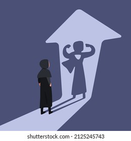 Business concept flat style Arabian businesswoman standing in front of her own muscular shadow showing her super inner strength or superhero. Self confidence. Future goal. Design vector illustration