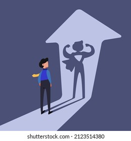 Business concept flat style of businessman standing in front of his own muscular shadow showing his super inner strength or superhero. Self confidence. Future goal. Graphic design vector illustration