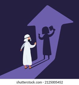 Business concept flat style businessman holding winning trophy shadow, arrow pointing up. Man facing lifting trophy shadow. Decision making, choices success in future goal. Design vector illustration