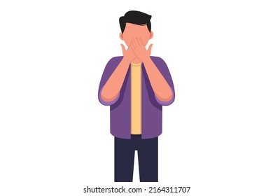 Business concept flat style businessman covering mouth with hands. Male mouth, hand shocked with shame for mistake, expression of fear, scared in silence, secret. Graphic design vector illustration