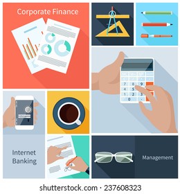 Business concept in flat style for corporate finance, internet banking, management with businessman hands holding blocked smartphone, calculator and signing contract