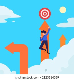 Business concept flat style isolated of businessman climbing arrow to target. Success worker, aspiration to achieve target, business goal, work purpose, aim for perfection. Design vector illustration