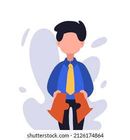 Business concept flat style isolated of businessman put arrows together. Cooperation, support, merger, acquisition. Young worker unite puzzle parts of arrow icon. Graphic design vector illustration