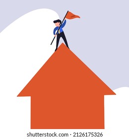 Concept d'entreprise à plat isolé d'homme d'affaires arborant un drapeau au-dessus du symbole des flèches vers le haut. Le patron masculin occupait le sommet de la flèche, ce qui symbolise la croissance des entreprises. Illustration vectorielle de création graphique