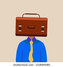 Business concept flat style isolated of businessman with briefcase instead of head, symbolizing avarice, broker, money, success. Successful business pleasure goal. Graphic design vector illustration