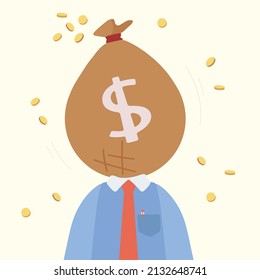 Business concept flat style isolated of greedy businessman with money bag instead of head, symbolizing avarice, broker, money, success. Money bag with dollar sign. Graphic design vector illustration