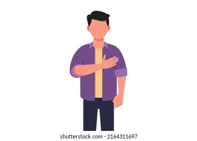 Concepto de negocios de estilo plano aislado de un joven empresario que se mantiene en el pecho. Hombre sonriente que expresa gratitud. Concepto de emoción y lenguaje corporal. Ilustración vectorial de diseño gráfico