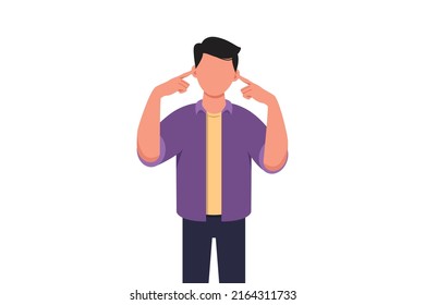 Business concept flat style isolated of businessman covering ears with fingers with annoyed expression for the noise of loud sound or music while eyes closed. Graphic draw design vector illustration