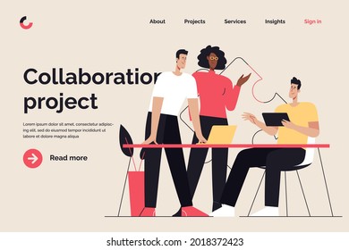 Business concept flat style outline vector illustration on the subject of collaboration, teamwork, discussing. Editable stroke.