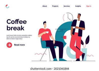 Business concept flat style outline vector illustration on the subject of coffee break and communication. Editable stroke.