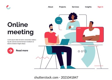 Business concept flat style outline vector illustration on the subject of online meeting, group discussion, video conference. Editable stroke.