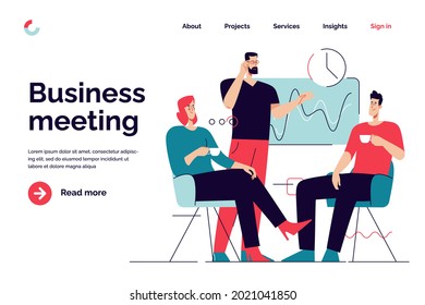 Business concept flat style outline vector illustration on the subject of office meeting, teamwork, group discussion. Editable stroke.