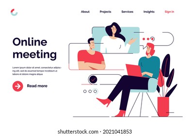 Business concept flat style outline vector illustration on the subject of online meeting, group discussion, video conference. Editable stroke.
