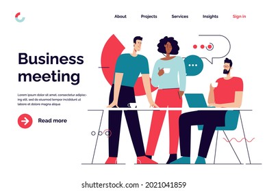 Business concept flat style outline vector illustration on the subject of office meeting, teamwork, group discussion. Editable stroke.