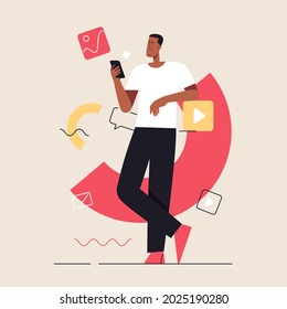 Business concept flat style outline vector illustration on the subject of social media content, communication. Editable stroke.