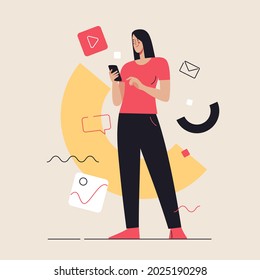 Business concept flat style outline vector illustration on the subject of social media content, communication. Editable stroke.