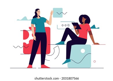 Business concept flat style outline vector illustration on the subject of web design, software development, communication. Editable stroke.