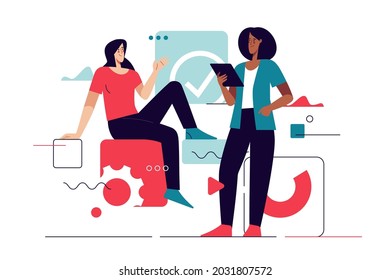 Business concept flat style outline vector illustration on the subject of web design, software development, communication. Editable stroke.