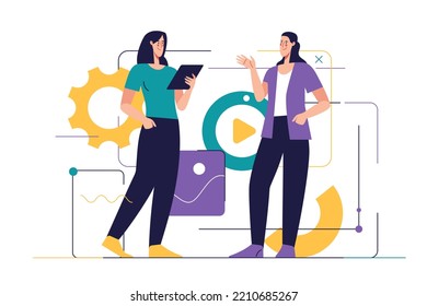 Business concept flat style outline vector illustration on the subject of web design, software development, communication. 