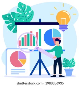 Concepto empresarial ilustración vectorial de estilo plano, empresaria estudiando y analizando infografía de escala evolutiva. Buen crecimiento económico.