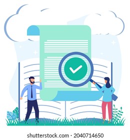 Business concept flat style vector illustration. Reviewing draft documents and checking. Agreement audits, legal analysis and project contracts.