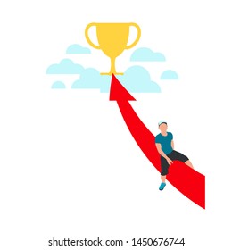Business concept flat vector illustration with man on arrow fly to golden cup target. Goal achievement. Success business idea. Move up motivation banner design, presentation poster