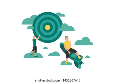 Business concept flat vector illustration with man on rocket fly to darts board target in clouds sky. Goal achievement. Success business idea. Move up motivation banner design, presentation poster