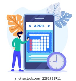 Business concept flat vector illustration. the person's character creates business schedules and other agenda items. vector, schedule business graphic design tasks of the week.
