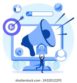 Business concept flat vector illustration. Characters of people marketing products and via digital. advertising via social media