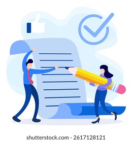 Business concept flat vector illustration. People characters with business activities, income, revenue and expenses in business activities.