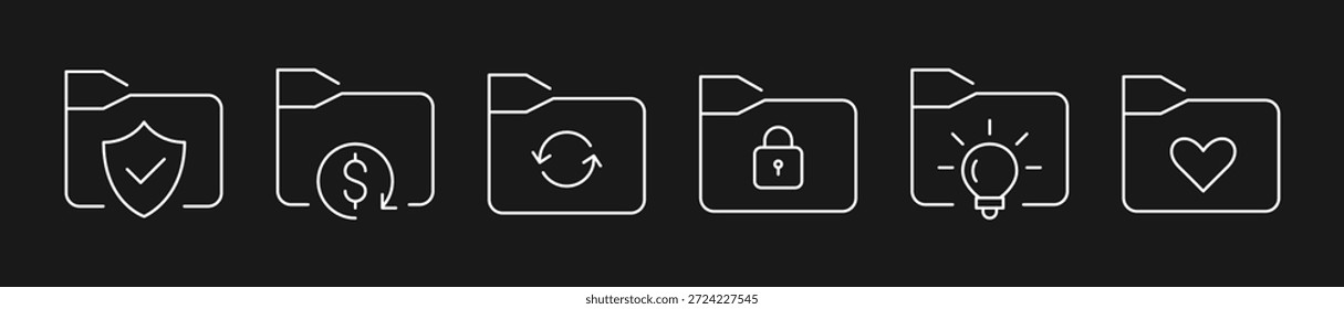 Conjunto de iconos de carpetas de concepto de negocio, seguridad, finanzas, sincronización, privacidad, innovación y favoritos Ilustraciones vectoriales de esquema