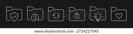 Business Concept Folder Icon Set, Security, Finance, Sync, Privacy, Innovation, and Favorites Outline Vector Illustrations