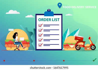 Business concept of food delivery service, staff is entering the order in laptop to prepare the food and ship to the customer by scooter in a background of big hamburger and order list board.