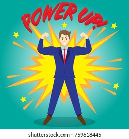 Business Concept As A Full-Energy Businessman Is Powering Up To Be Stronger As Bigger Arms And Biceps With Boom Effect At The Back. It Means Enhancing, Strengthening Self Performance For Achievement.