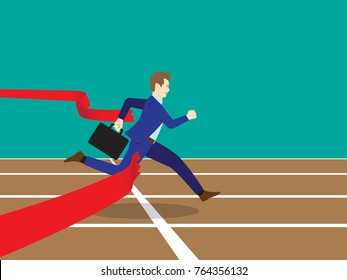 Business Concept As A Full-Energy Businessman Running On Track To Get Through Red Ribbon As Finish Line. It Means Performing The Best Effort To Succeed The Goal And Overcome Difficulty Ahead.