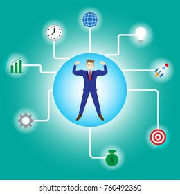 Business Concept As A Full-Energy Muscular Businessman Is Connected With Glowing Business Icons. It Means Strength Of Self Performance Relates To Achievement, Success, Idea, Time, Management.