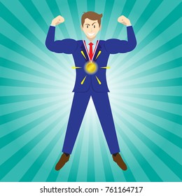 Business Concept As A Full-Energy Muscular Businessman Wears A Glowing, Shining Gold Medal. It Means Strength Of Self Performance Deserves Ultimate Achievement, Attainment, Accomplishment.