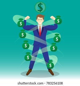 Business Concept As A Full-Energy Muscular Businessman Is Surrounded By Money Bags With Dollar Sign Above. It Means Wealth Strengthens Self Performance To Manage And Cope With Financial Issues.