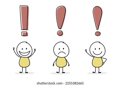 Business concept. Funny stickman with exclamation mark icon. Vector